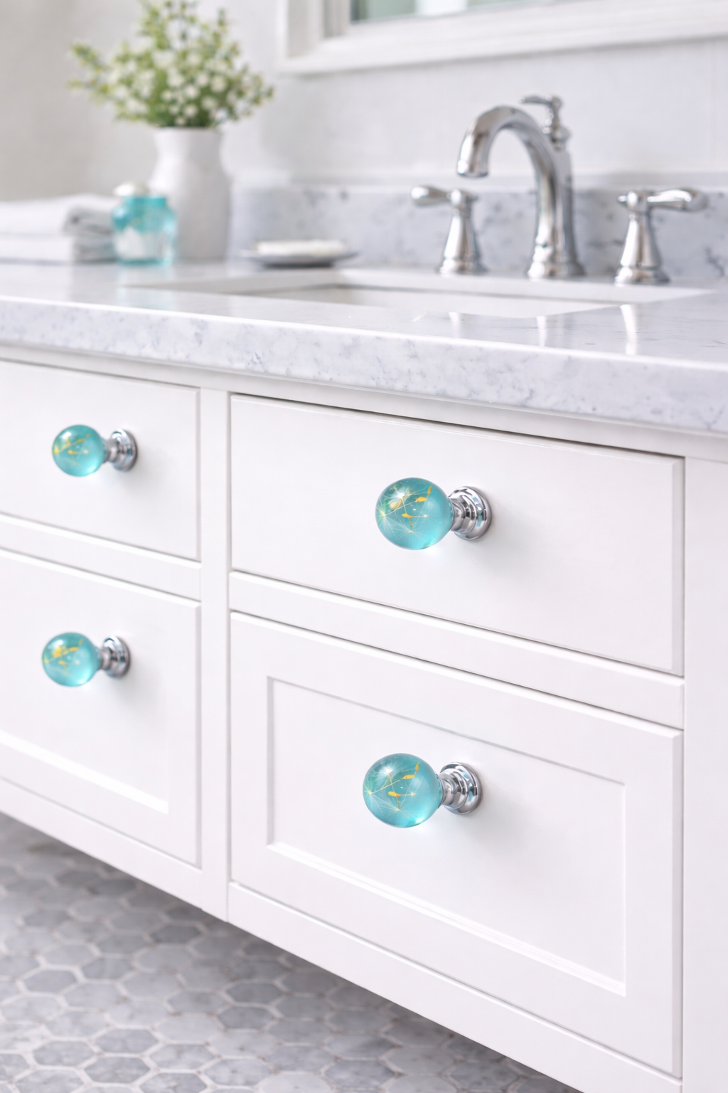 Turquoise Dandelion Resin Cabinet Knob – Botanical Drawer Handle (Chrome or Golden Brass Base)