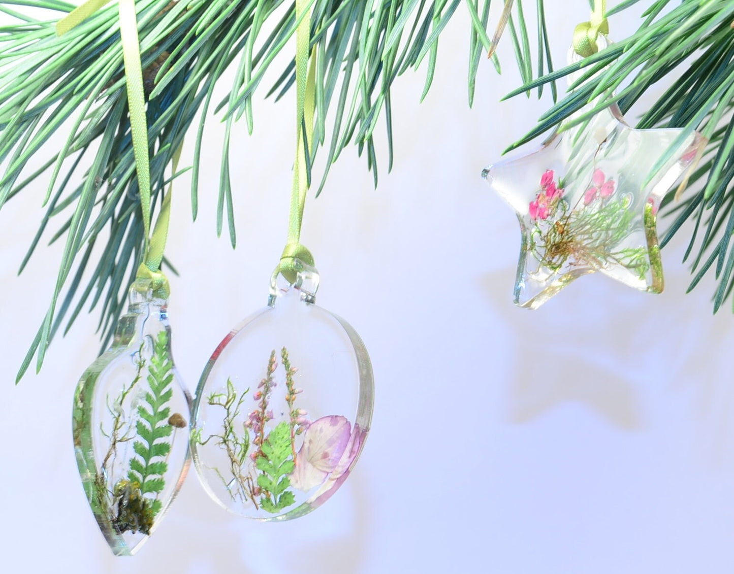Set of 3 Christmas ornaments , Handmade Christmas Decoration with real plants