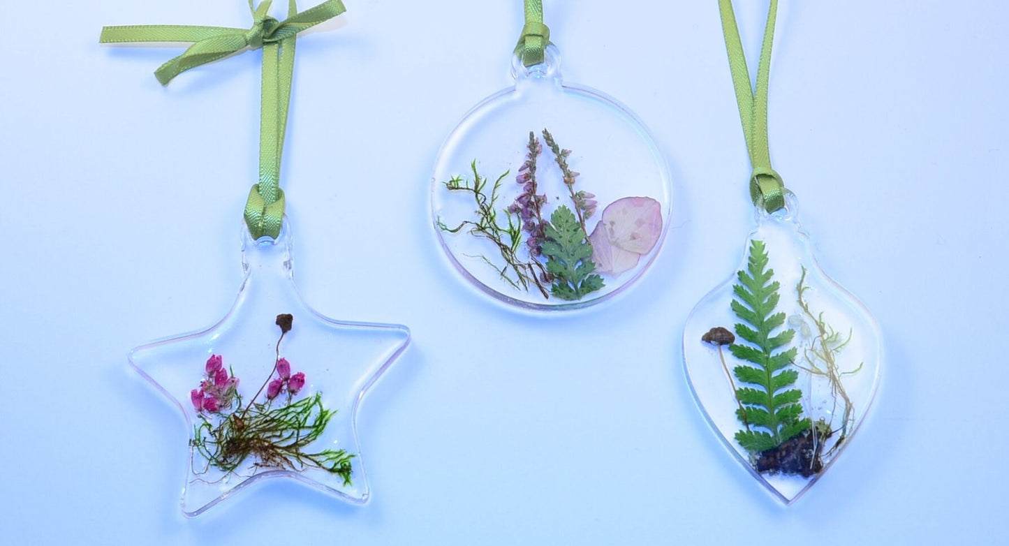 Set of 3 Christmas ornaments , Handmade Christmas Decoration with real plants