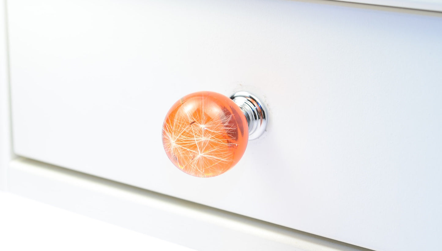 Orange Dandelion Resin Cabinet Knob – Handmade Botanical Drawer Handle (Silver/Chrome or Golden/Brass)