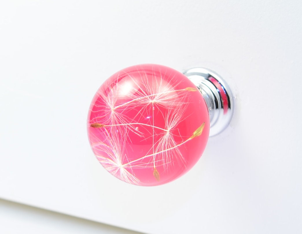 Pink Dandelion Resin Cabinet Knob – Handmade Botanical Drawer Handle