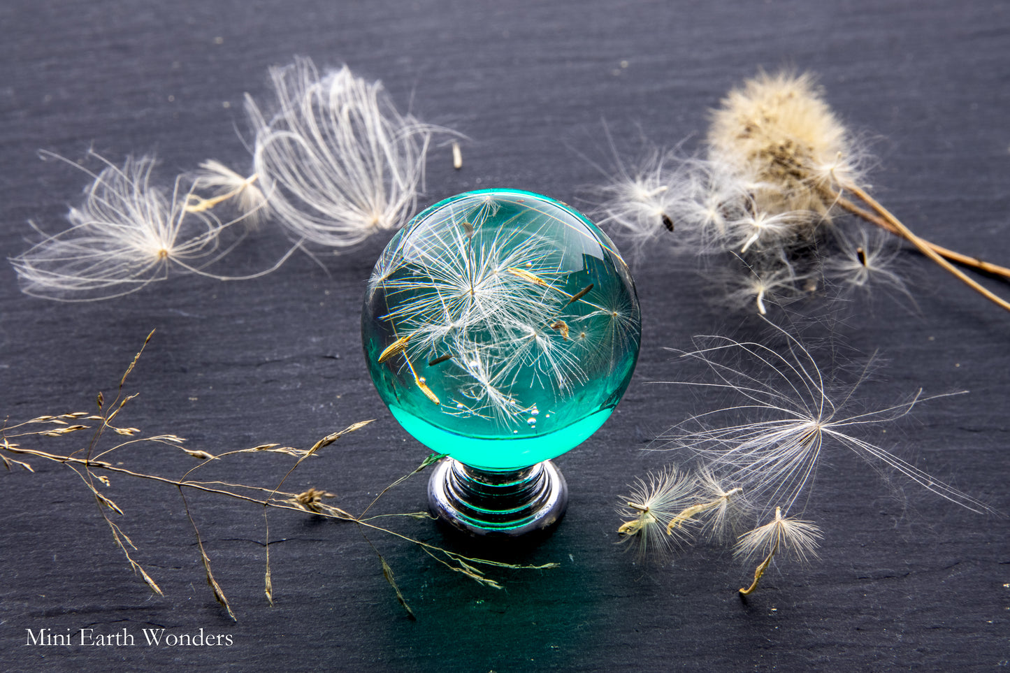 Turquoise Dandelion Resin Cabinet Knob – Botanical Drawer Handle (Chrome or Golden Brass Base)