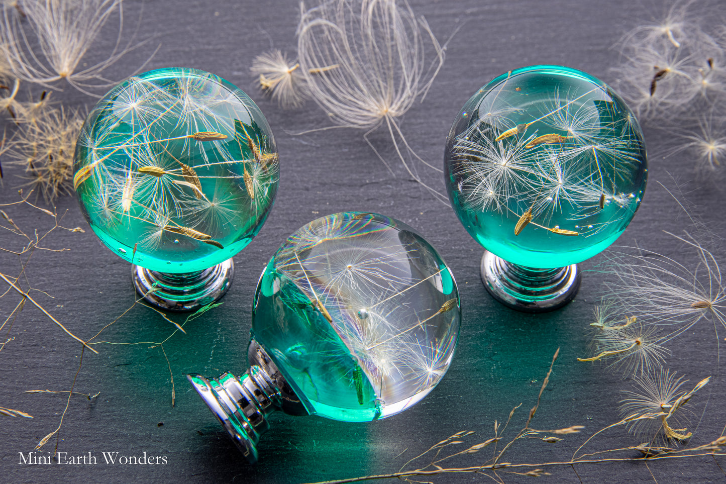 Turquoise Dandelion Resin Cabinet Knob – Botanical Drawer Handle (Chrome or Golden Brass Base)