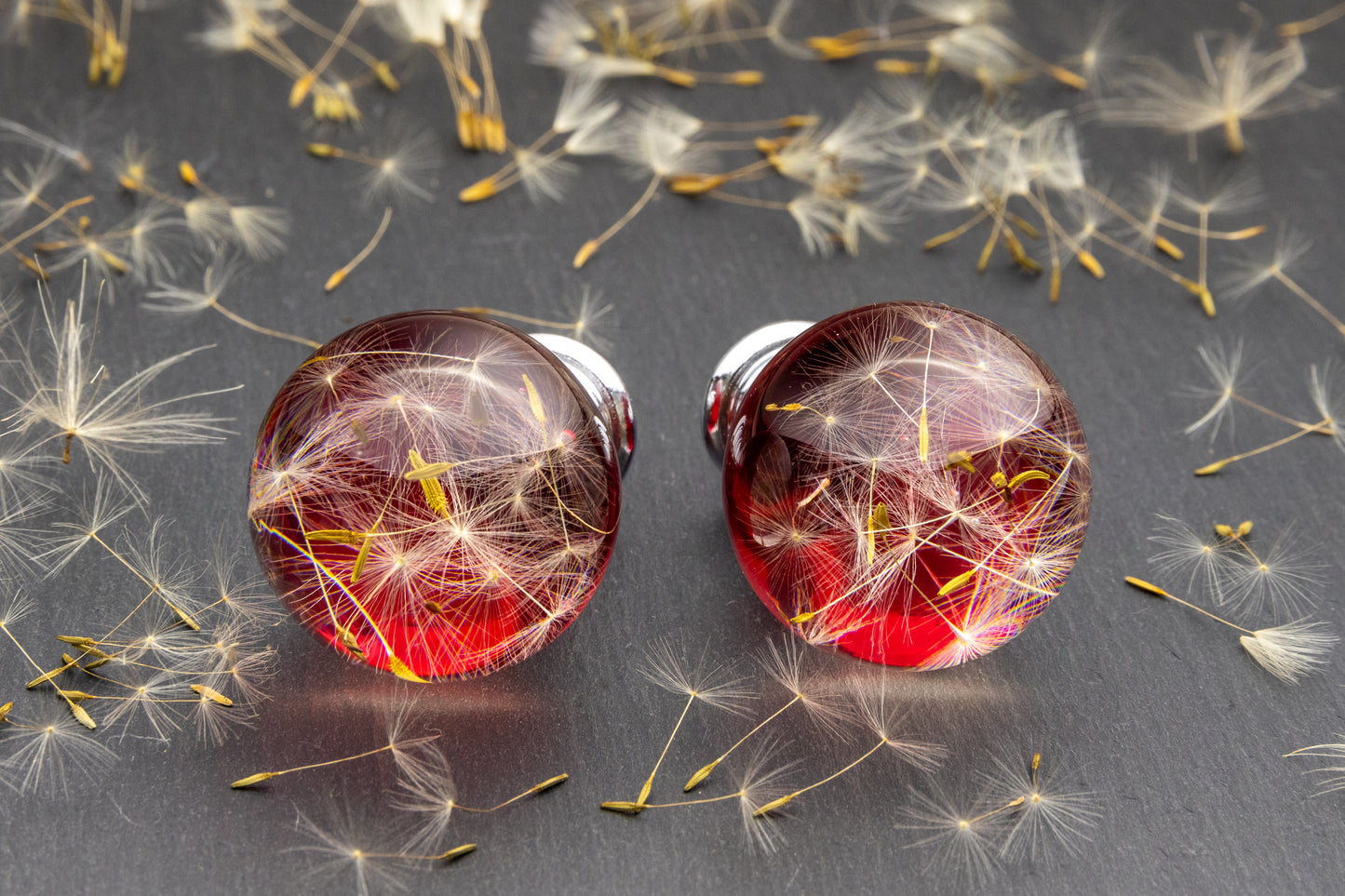 Red Dandelion Resin Cabinet Knob – Botanical Drawer Handle (Chrome or Golden/Brass Base)
