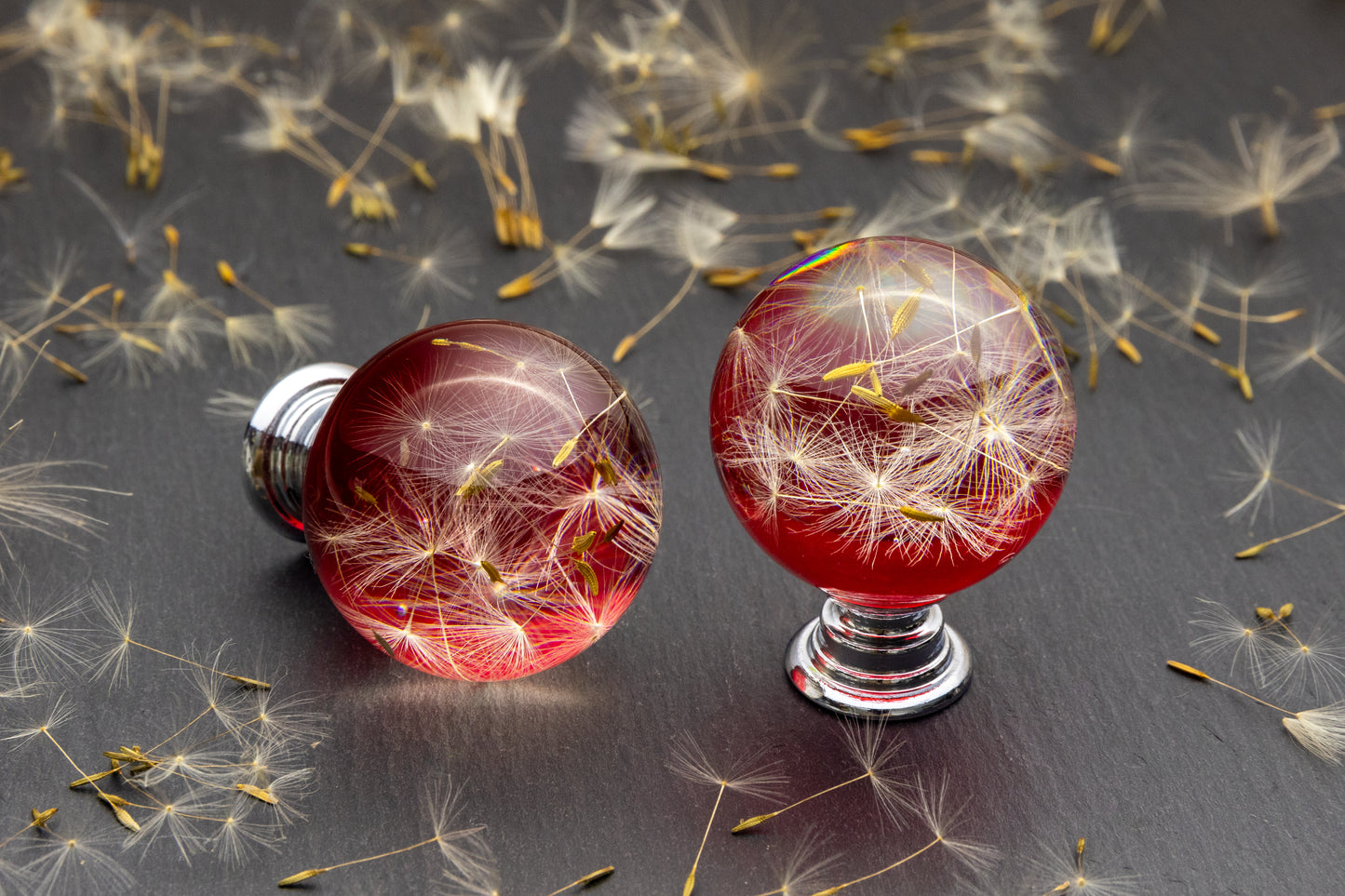 Red Dandelion Resin Cabinet Knob – Botanical Drawer Handle (Chrome or Golden/Brass Base)