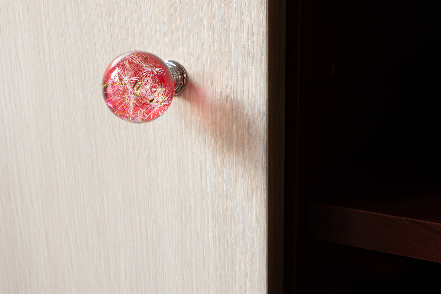 Red Dandelion Resin Cabinet Knob – Botanical Drawer Handle (Chrome or Golden/Brass Base)