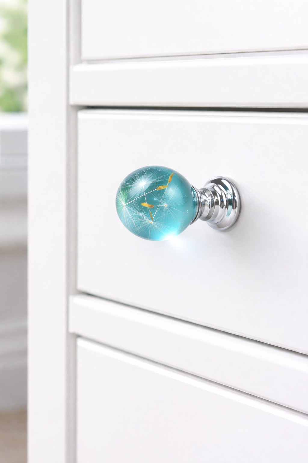 Turquoise Dandelion Resin Cabinet Knob – Botanical Drawer Handle (Chrome or Golden Brass Base)