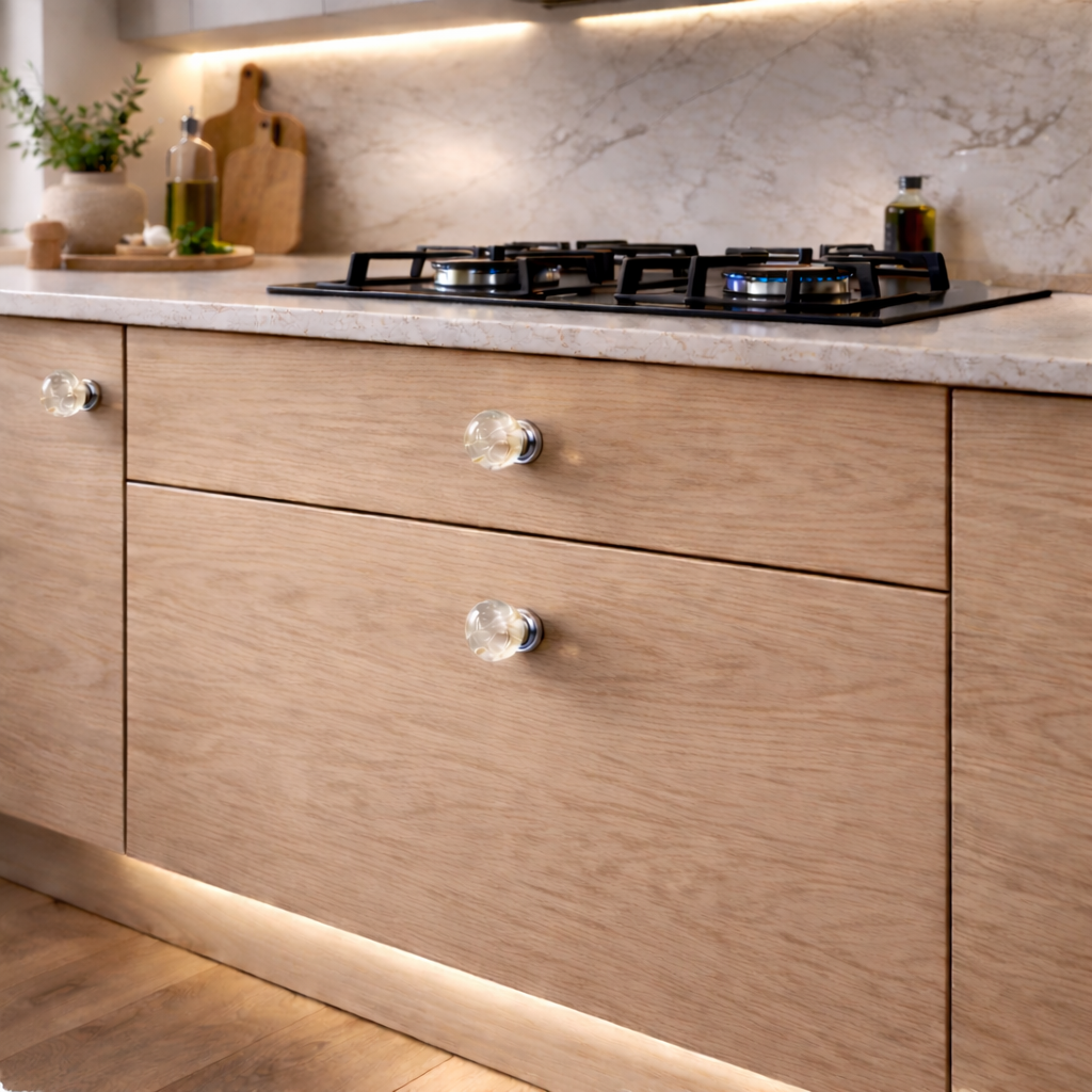Modern kitchen with wooden cabinets, gas stove, and resin knobs 