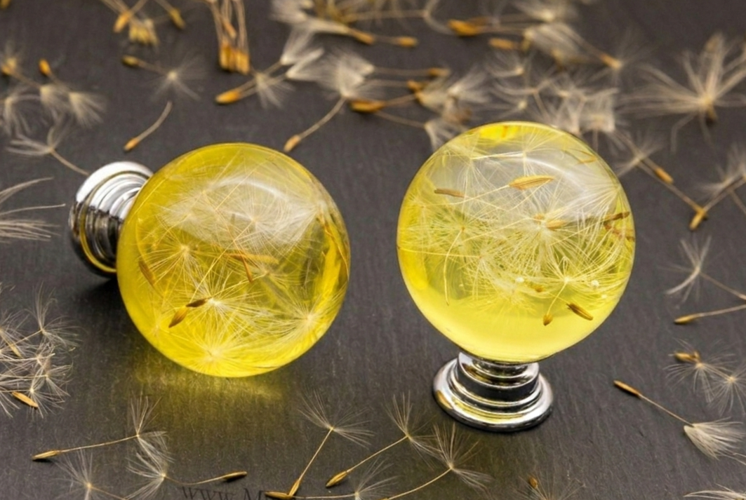 Yellow Dandelion Resin Cabinet Knob – Handmade Botanical Drawer Handle (Silver/Chrome or Golden/Brass Base)