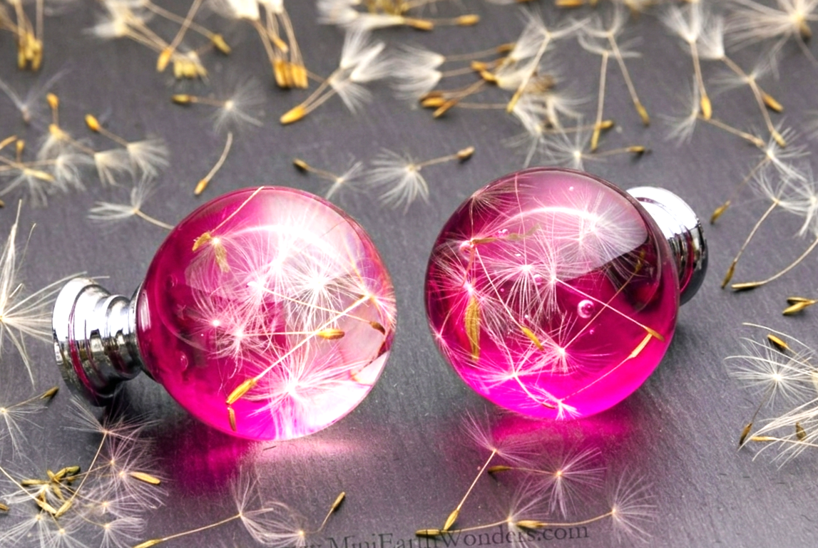 Pink Dandelion Resin Cabinet Knob – Handmade Botanical Drawer Handle