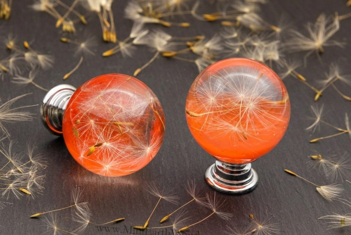 Orange Dandelion Resin Cabinet Knob – Handmade Botanical Drawer Handle (Silver/Chrome or Golden/Brass)