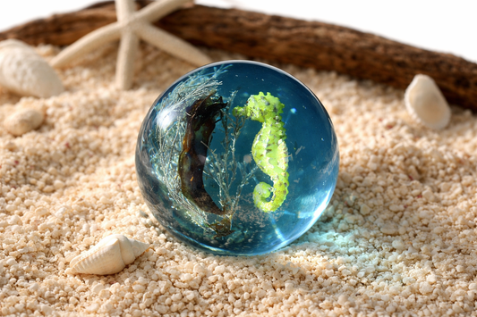 Seahorse resin cabinet knob in blue epoxy – handmade ocean inspired coastal drawer hardware