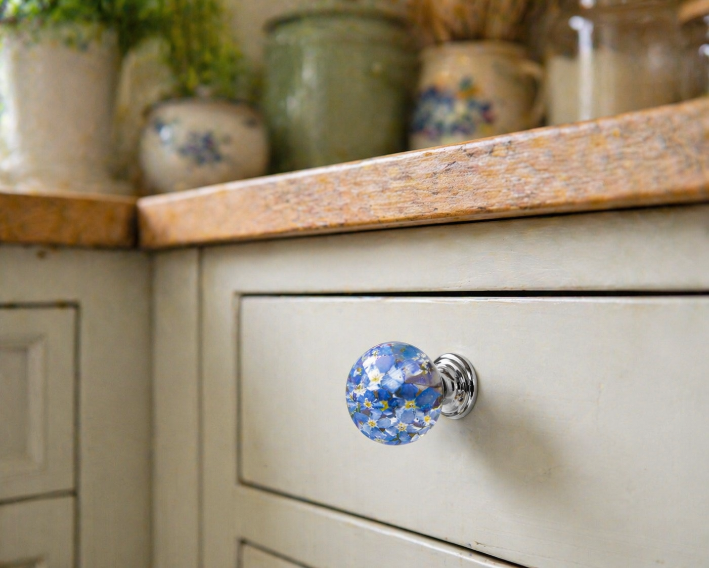 Decorative knob on rustic drawer