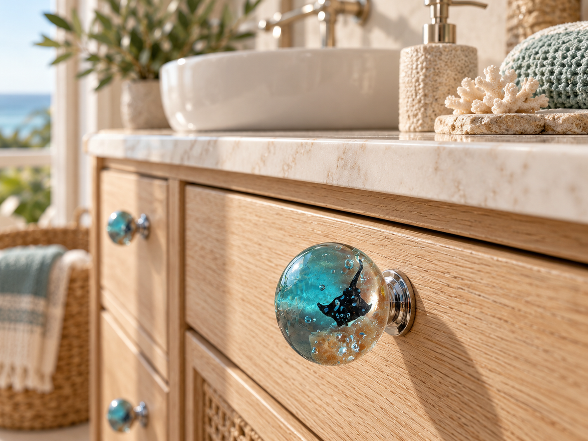 Handmade stingray drawer handle on wooden cabinet in luxury coastal interior