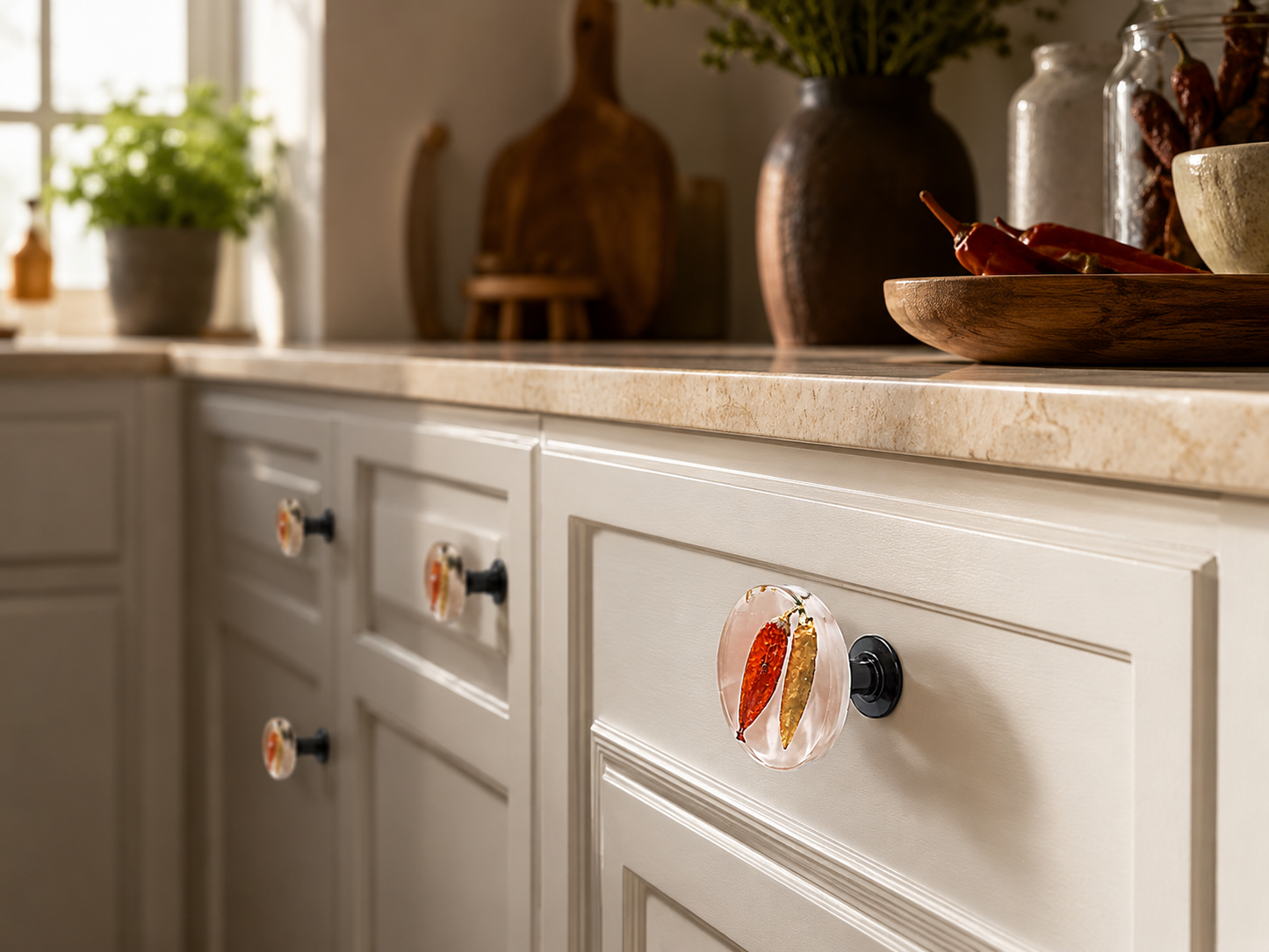 clear resin knob with dried hot peppers