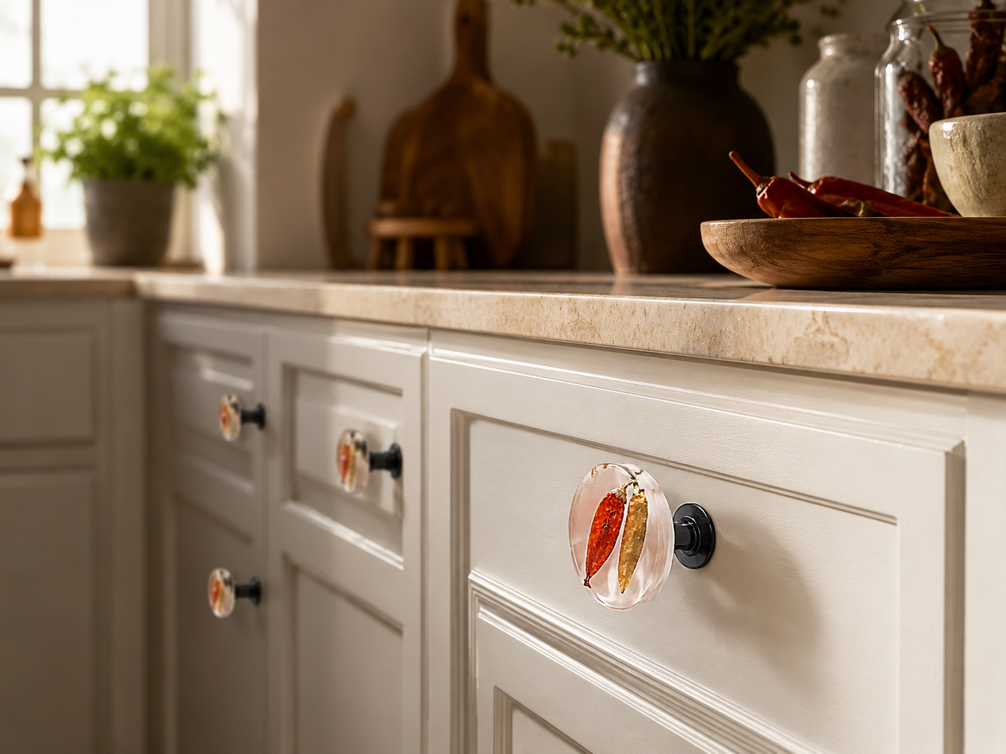 clear resin knob with dried hot peppers