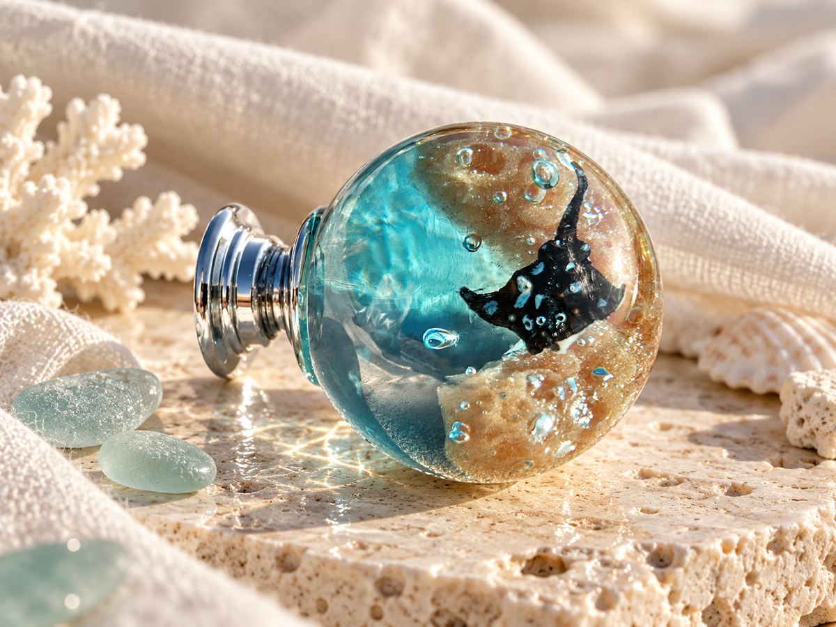 Handmade turquoise resin cabinet knob with miniature black stingray and silver metal base