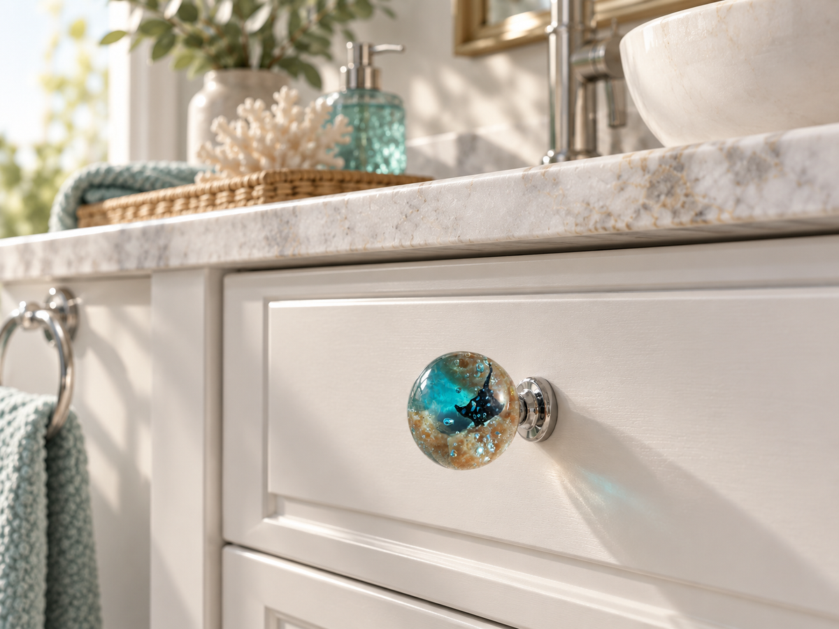 Turquoise stingray resin cabinet knob on coastal bathroom vanity