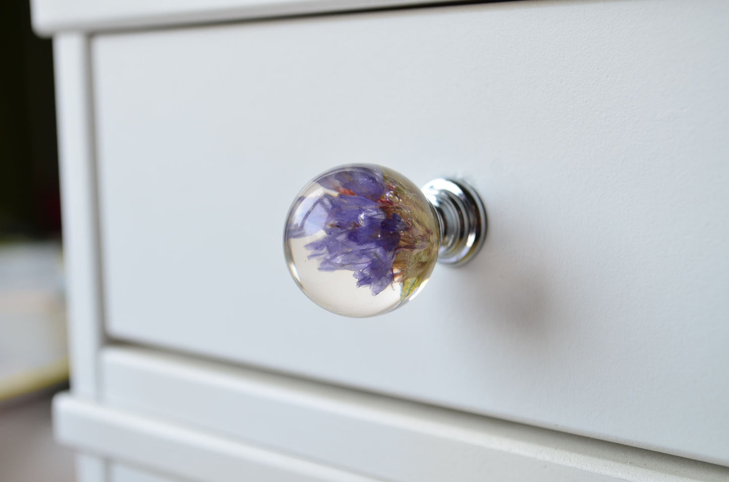 Dresser Knob with Real Purple Flower,Furniture Knobs,Drawer Pulls,Kitchen Cupboard Handles, Home decor
