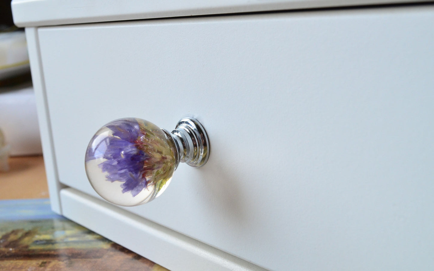 Dresser Knob with Real Purple Flower,Furniture Knobs,Drawer Pulls,Kitchen Cupboard Handles, Home decor