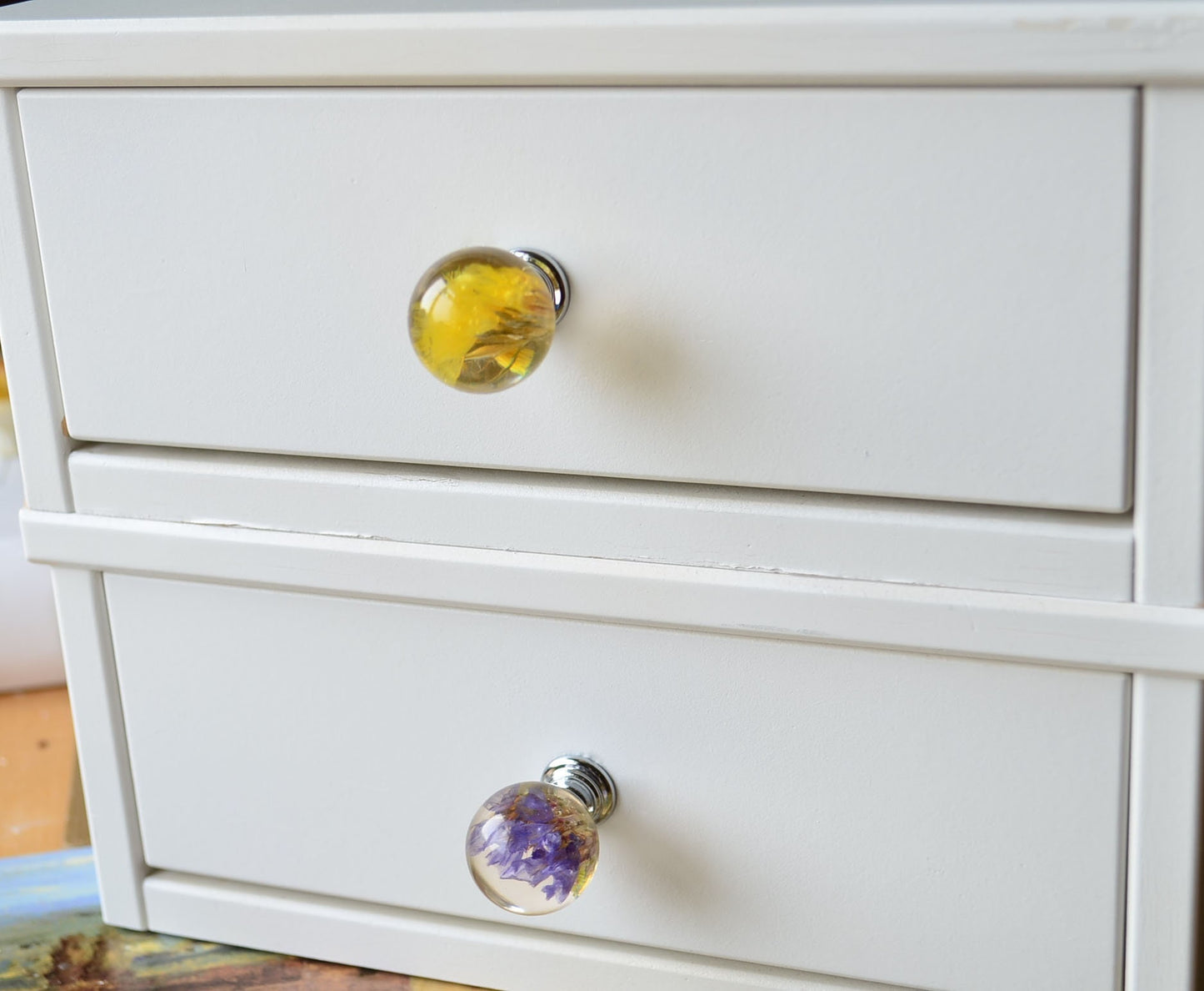 Yellow Real flower Resin Furniture Knobs , Door Knobs