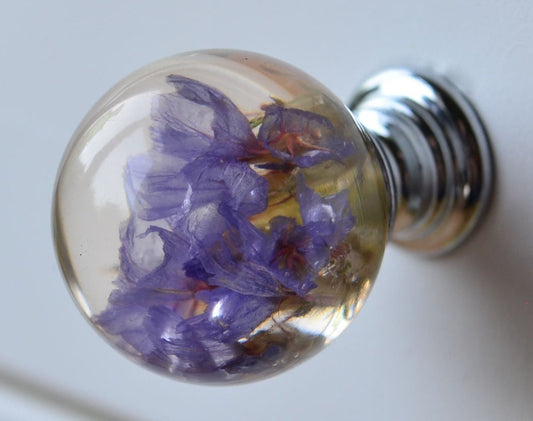 Dresser Knob with Real Purple Flower,Furniture Knobs,Drawer Pulls,Kitchen Cupboard Handles, Home decor