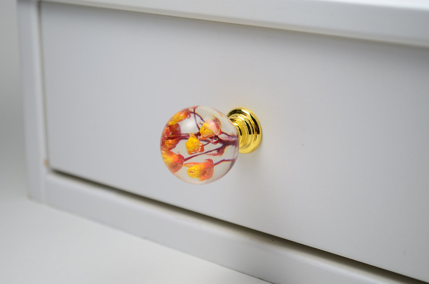 Dresser knobs with orange and yellow real flower. Resin Furniture Knobs.Door knobs