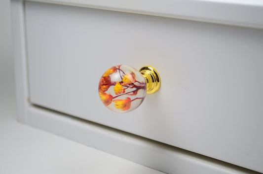 Dresser knobs with orange and yellow real flower, Resin Furniture Knobs ,Door knobs