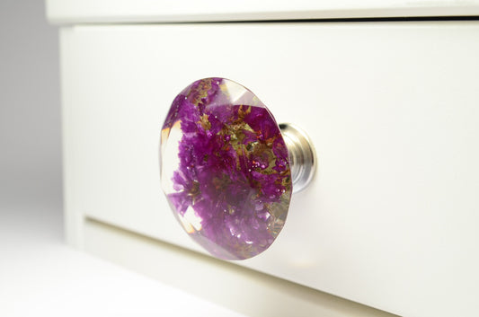 Resin Furniture Knobs with Dark Purple Real flower,Large Drawer knobs,Diamond shape,Kitchen Cupboard Handles, Home decor, Flowers Decoration