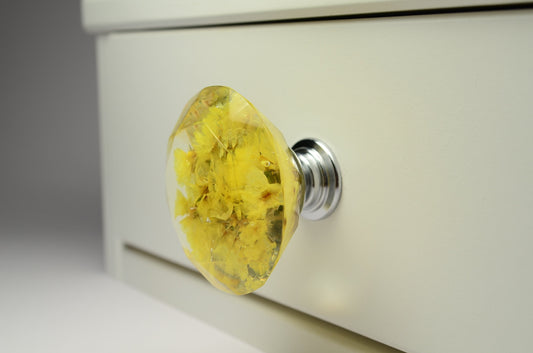 Furniture Knobs with yellow Real flower in resin , Large Drawer knobs , Diamond shape , Kitchen Cupboard Handles , Gifts for Wife