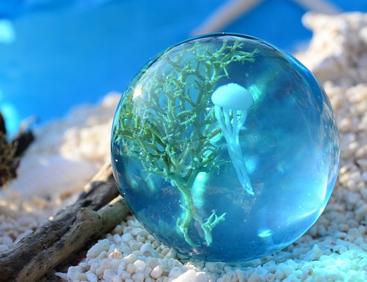Handmade jellyfish resin cabinet knob in blue epoxy – ocean inspired coastal drawer hardware