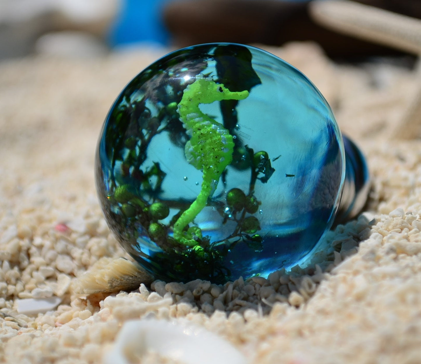 Handmade seahorse resin knob in blue epoxy – ocean inspired cabinet hardware for coastal interiors